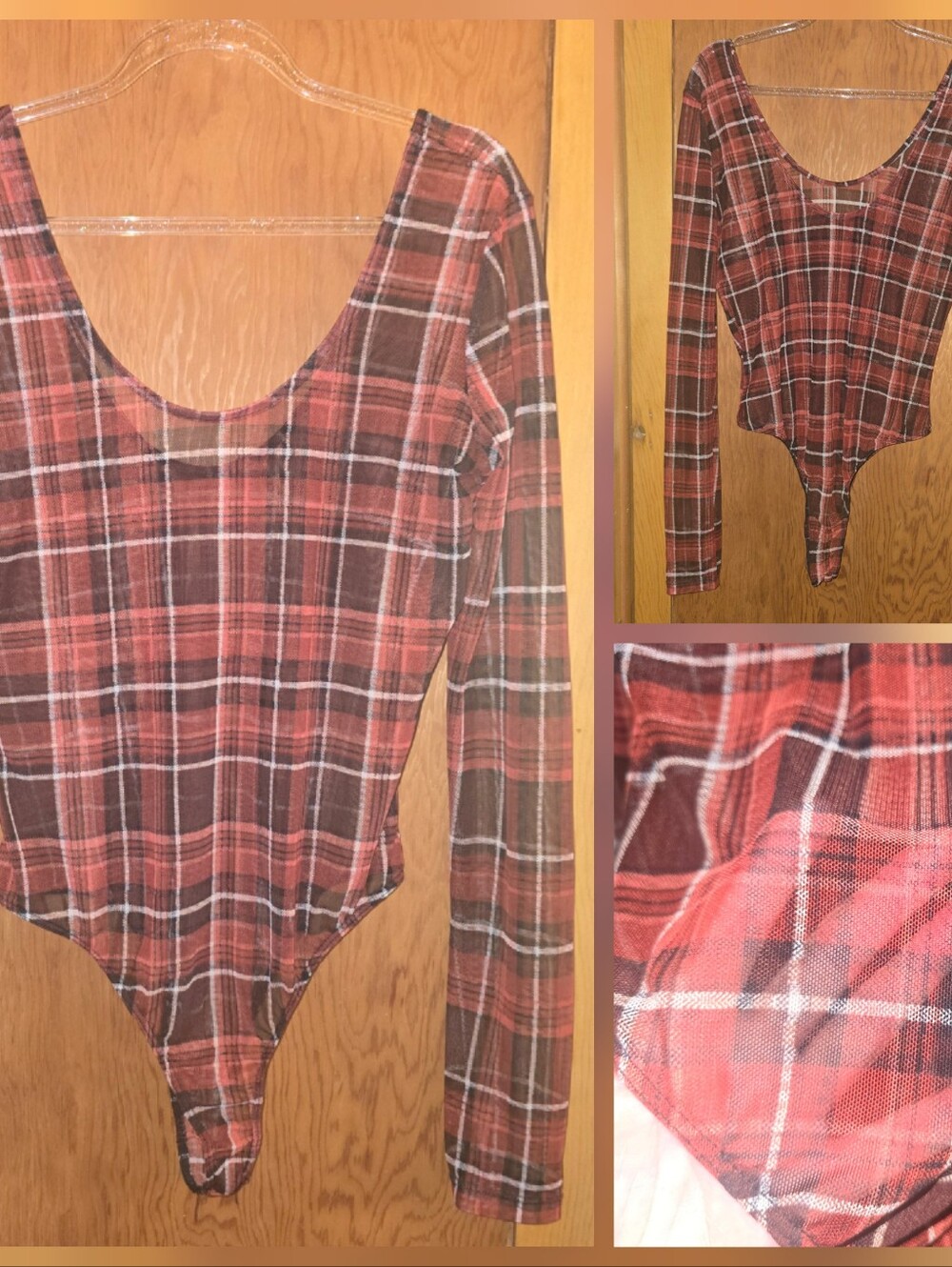 Shein womens large red and black checkered sheer thong bodysuit